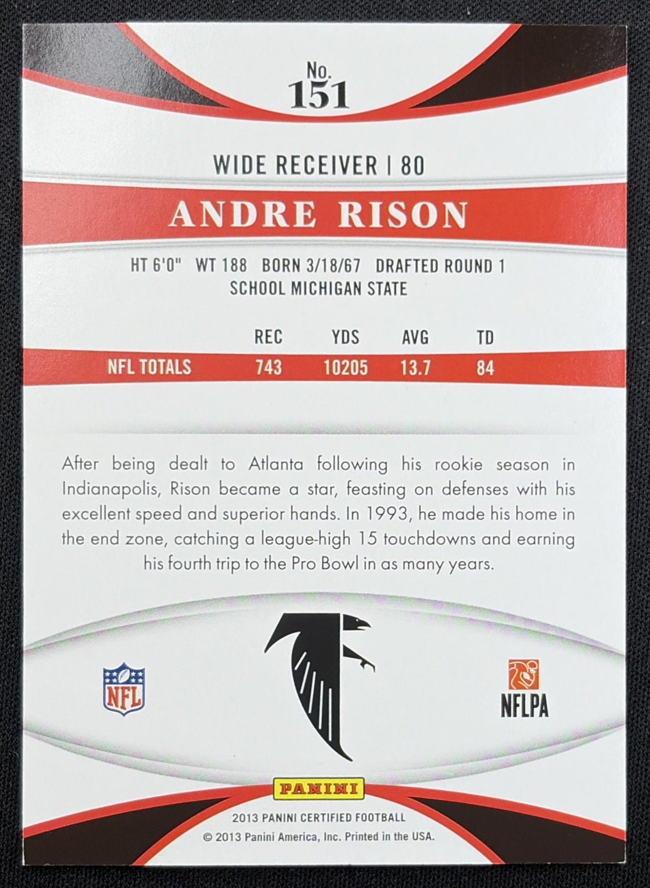 Andre Rison 2013 Panini Certified /999 Falcons back