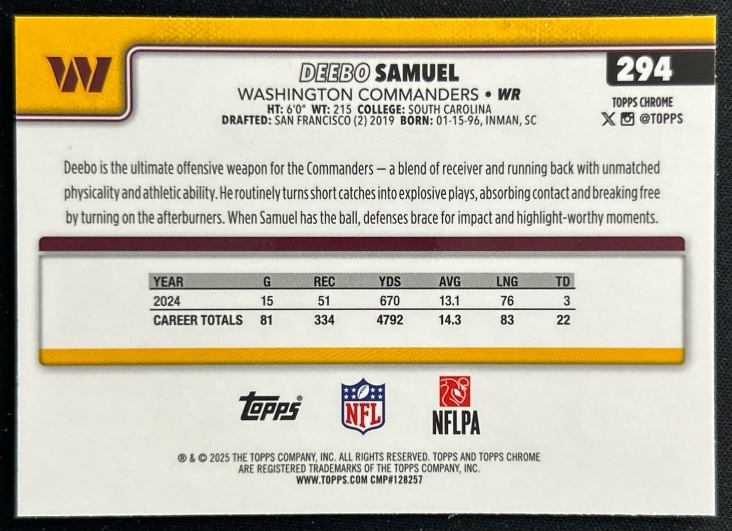 Deebo Samuel 2025 Topps Chrome Commanders Sports Trading Cards