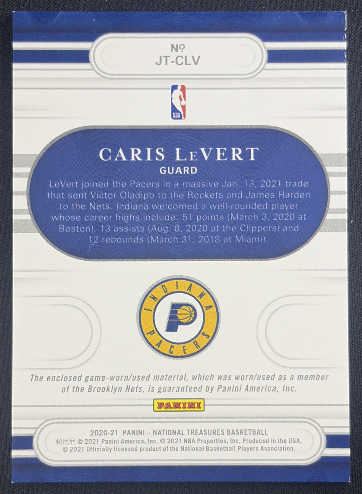 Caris LeVert 2020 Panini National Treasures Jersey /99 Pacers Indiana Pacers Sports Trading Card