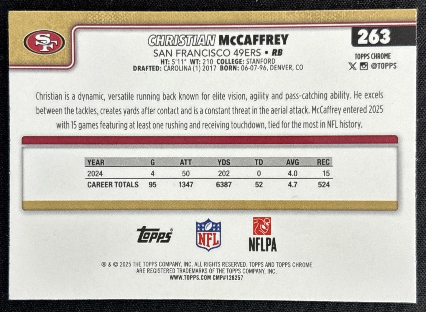 Christian McCaffrey 2025 Topps Chrome Football Leather Refractor 49ers