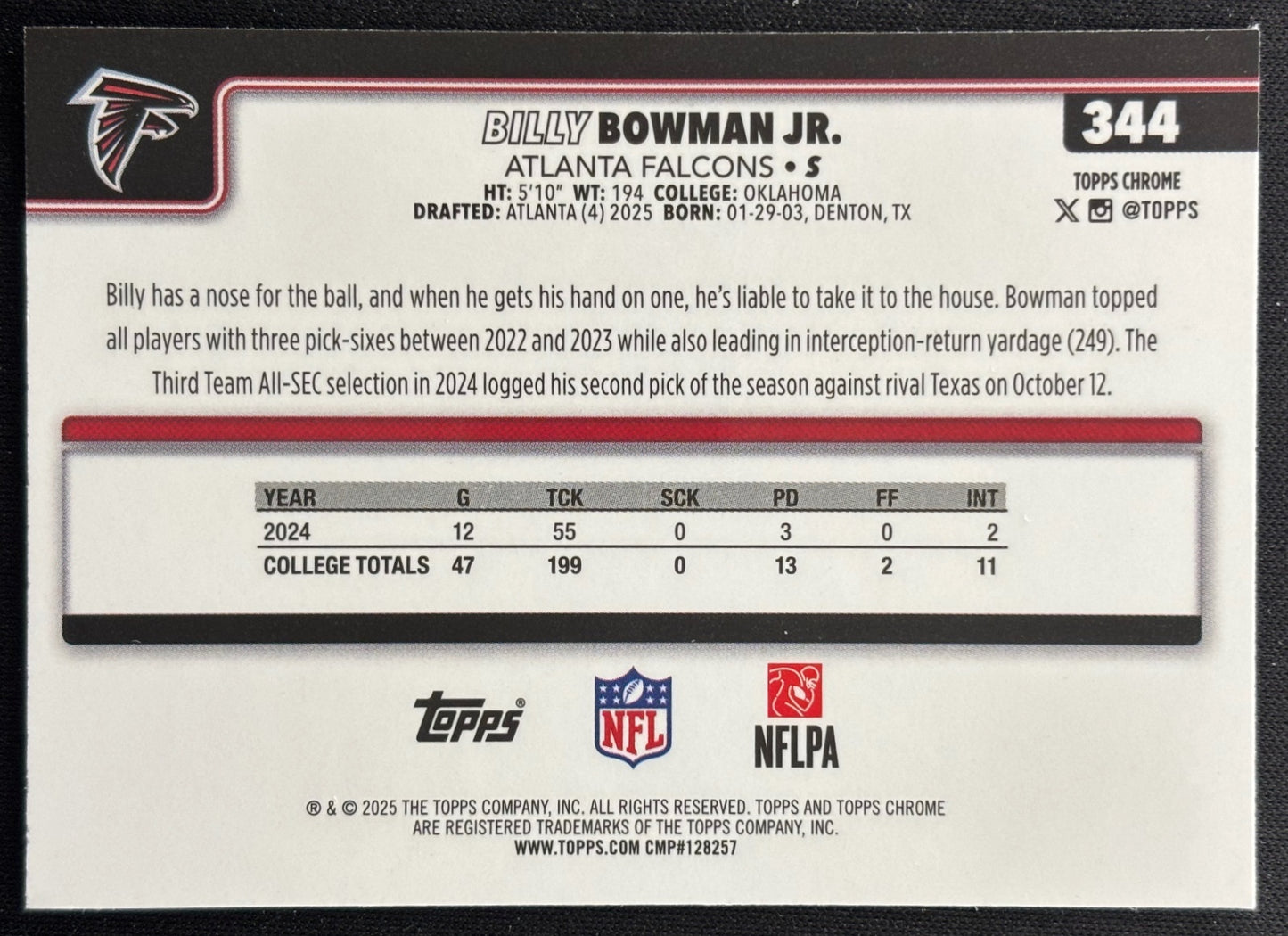 Billy Bowman Jr. 2025 Topps Chrome Rookie Pulsar Refractor Falcons Sports Trading Cards