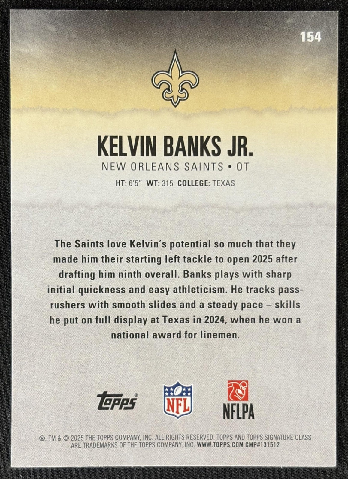 Kelvin Banks Jr. 2025 Topps Signature Class Rookie Saints Sports Trading Card