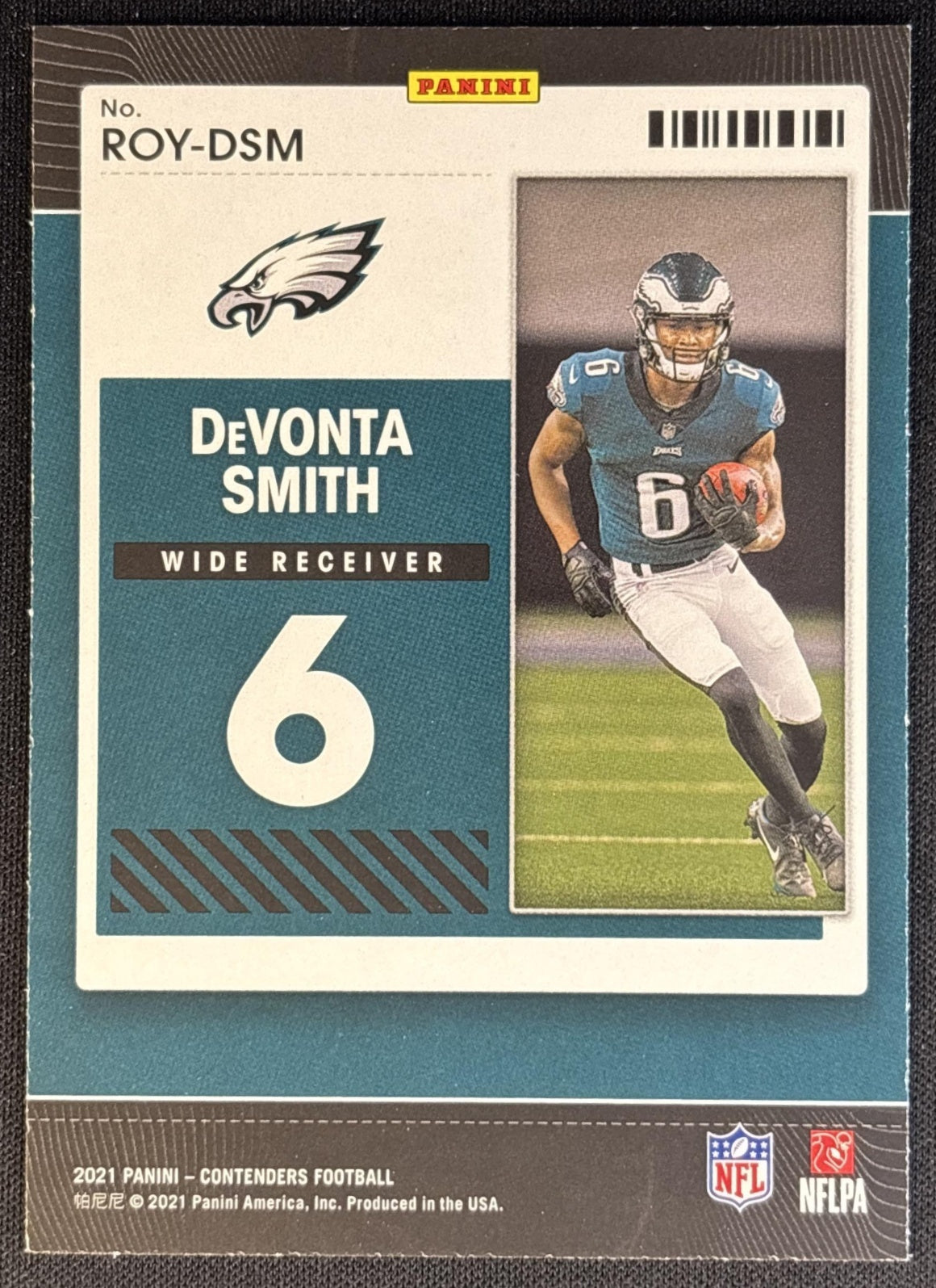 DeVonta Smith 2021 Panini Contenders Rookie of the Year Sapphire Eagles