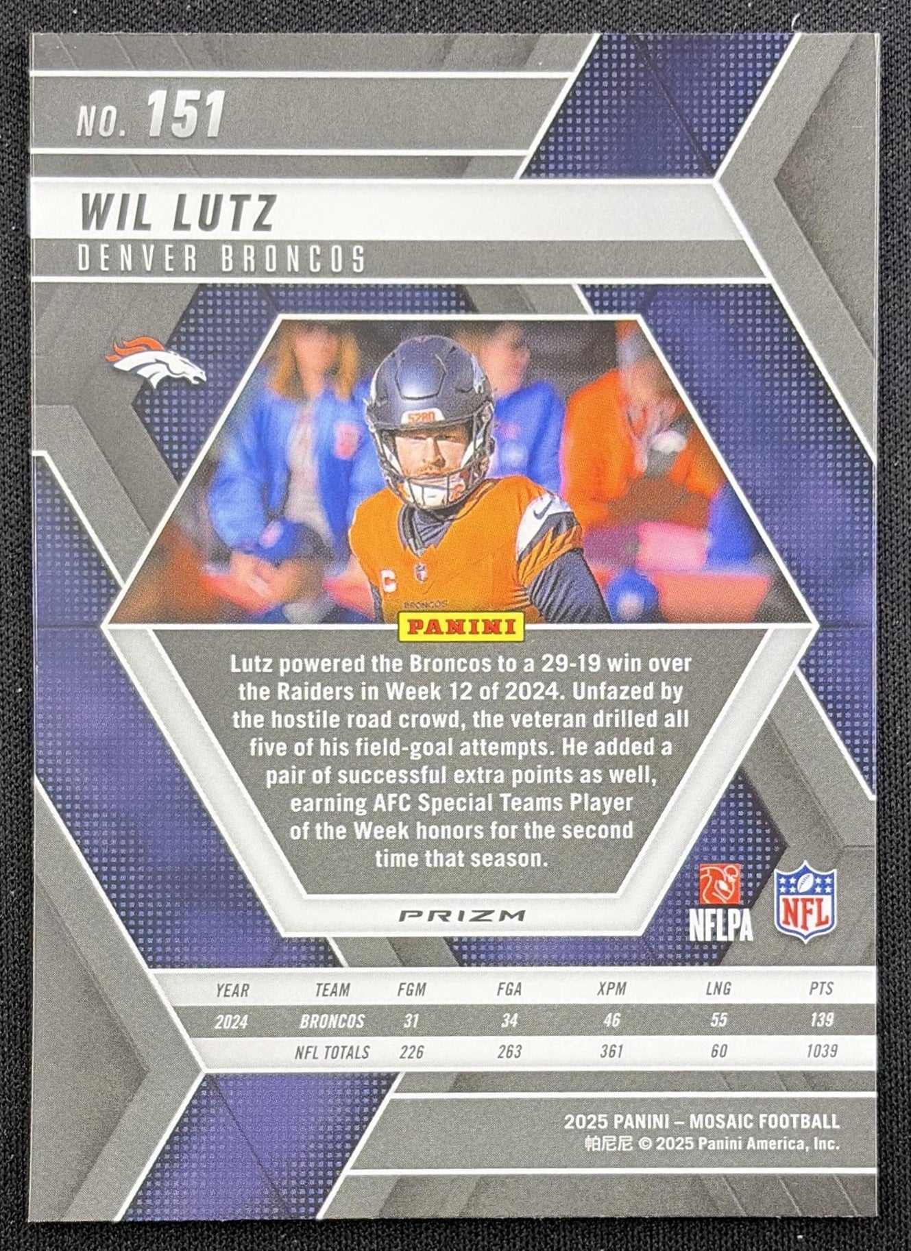 Wil Lutz 2025 Panini Mosaic Prizm Broncos back