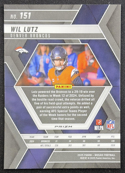 Wil Lutz 2025 Panini Mosaic Prizm Broncos back