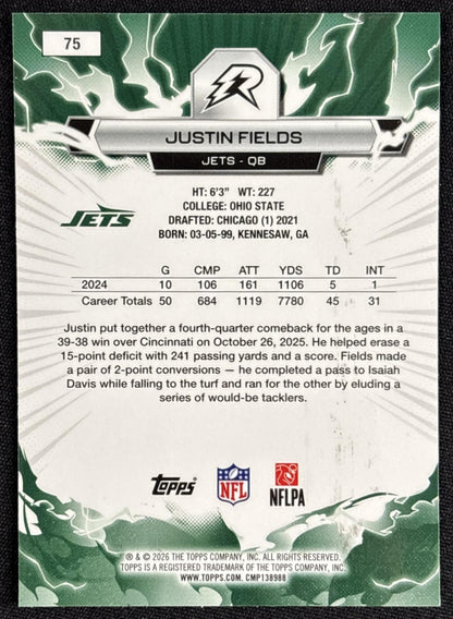 Justin Fields 2025 Topps Resurgence Navy Surge Refractor /275 Jets