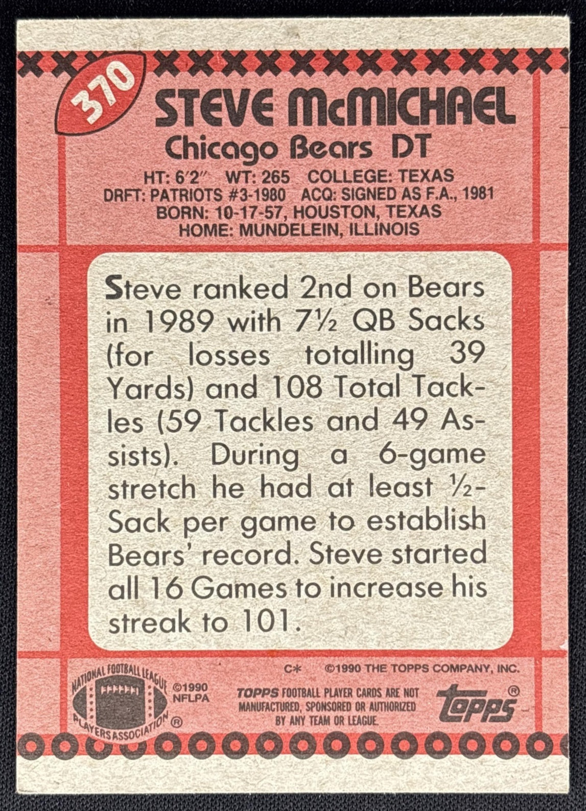 Steve McMichael 1990 Topps Bears back