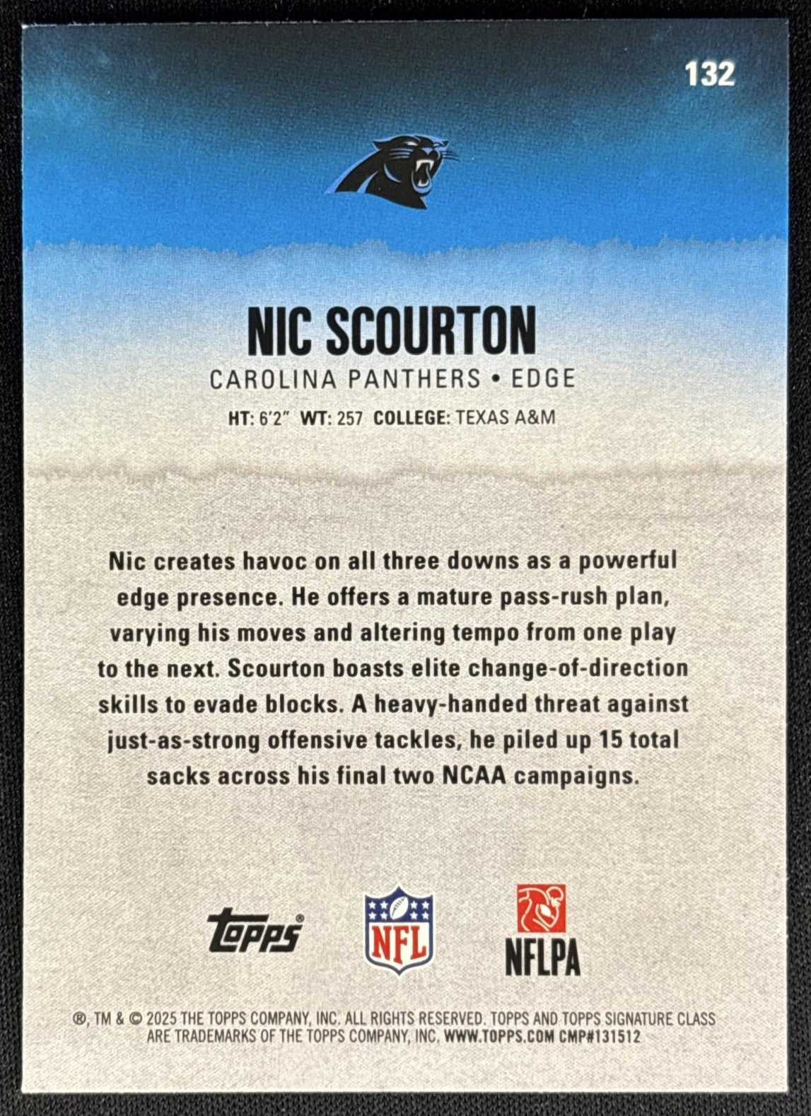 Nic Scourton 2025 Topps Signature Class Rookie Red & Black Foil Panthers Sports Trading Cards