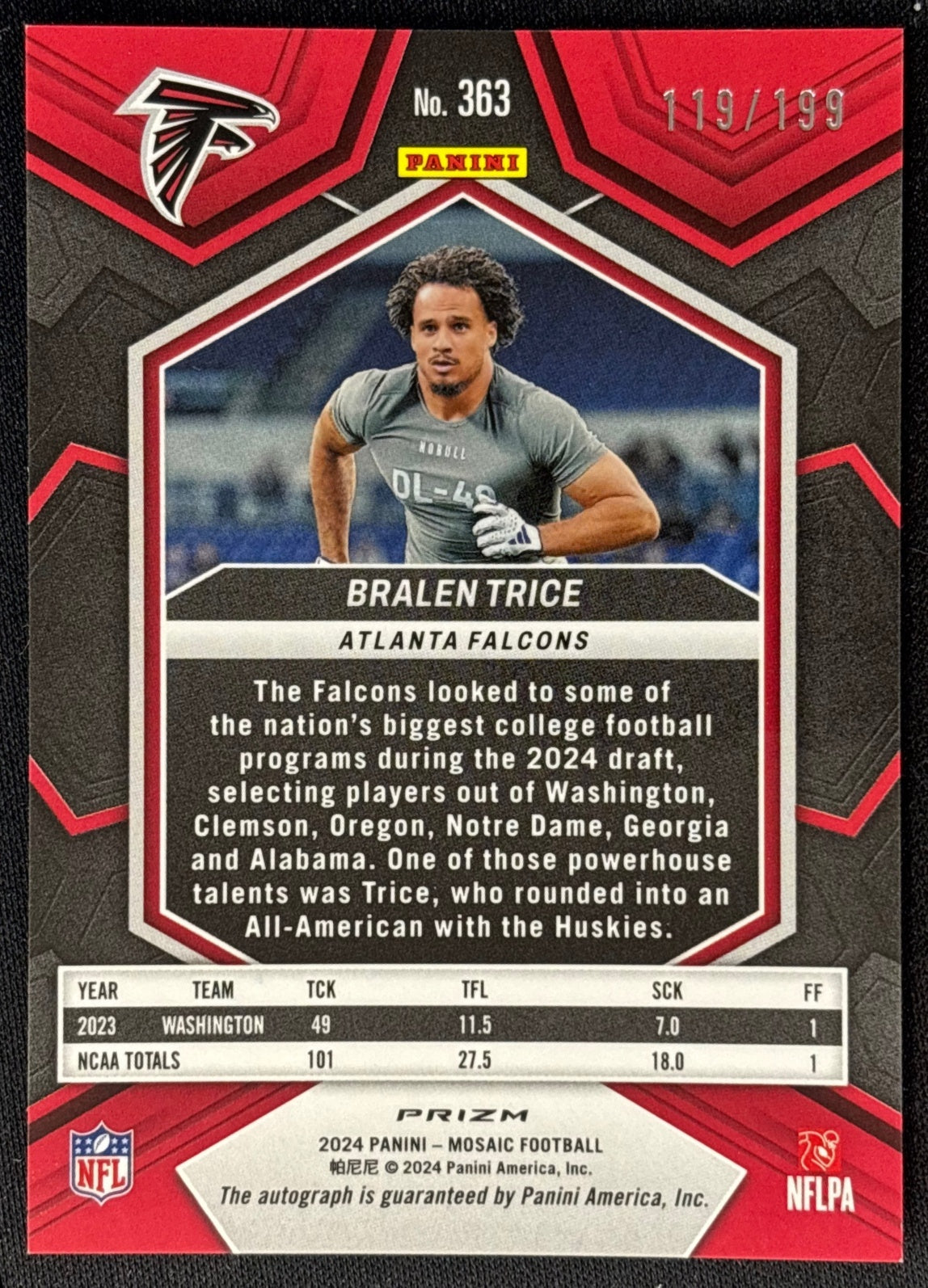 Bralen Trice 2024 Mosaic Rookie Auto Red Prizm /199 Huskies back | Wayne Collection