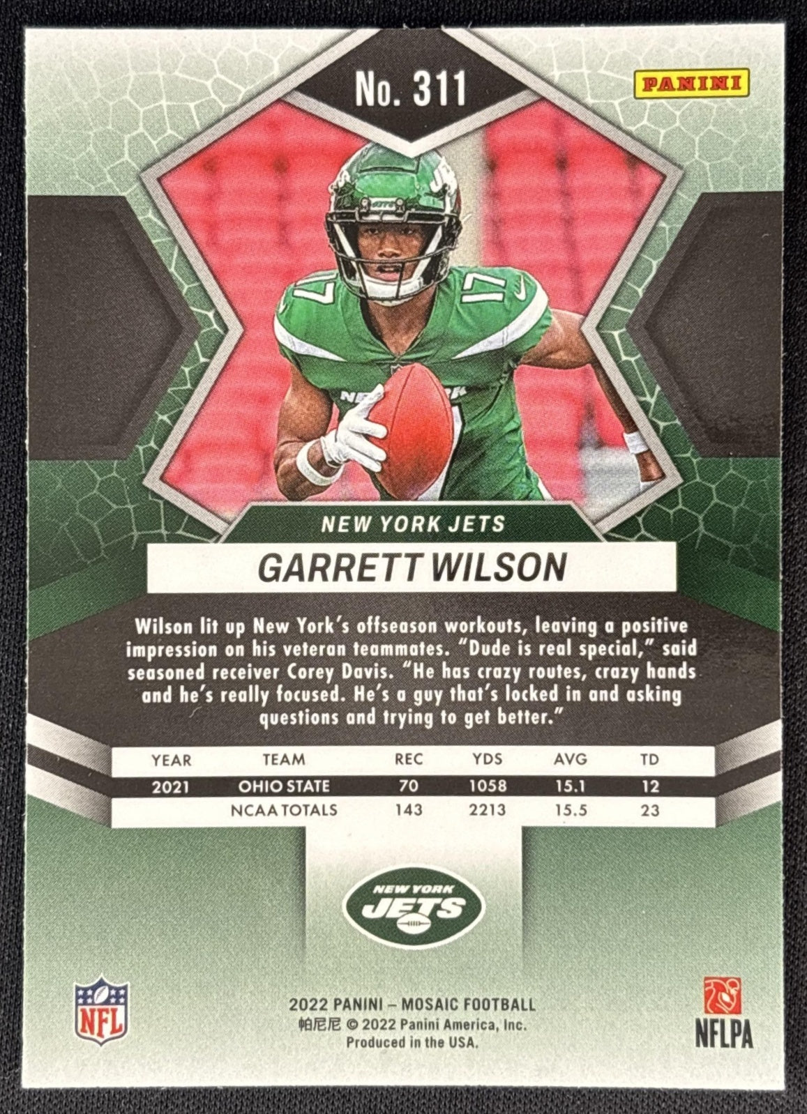 Garrett Wilson 2022 Panini Mosaic Jets back