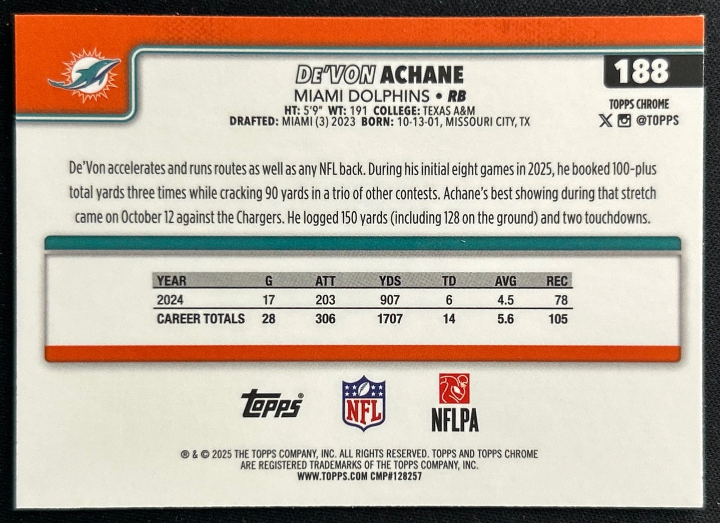De'Von Achane 2025 Topps Chrome Dolphins Sports Trading Cards