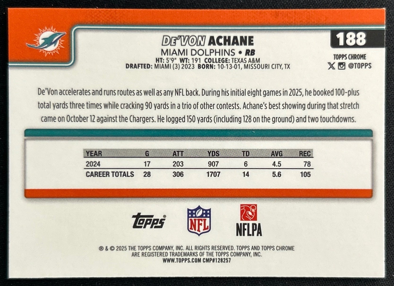 De'Von Achane 2025 Topps Chrome Dolphins Sports Trading Cards