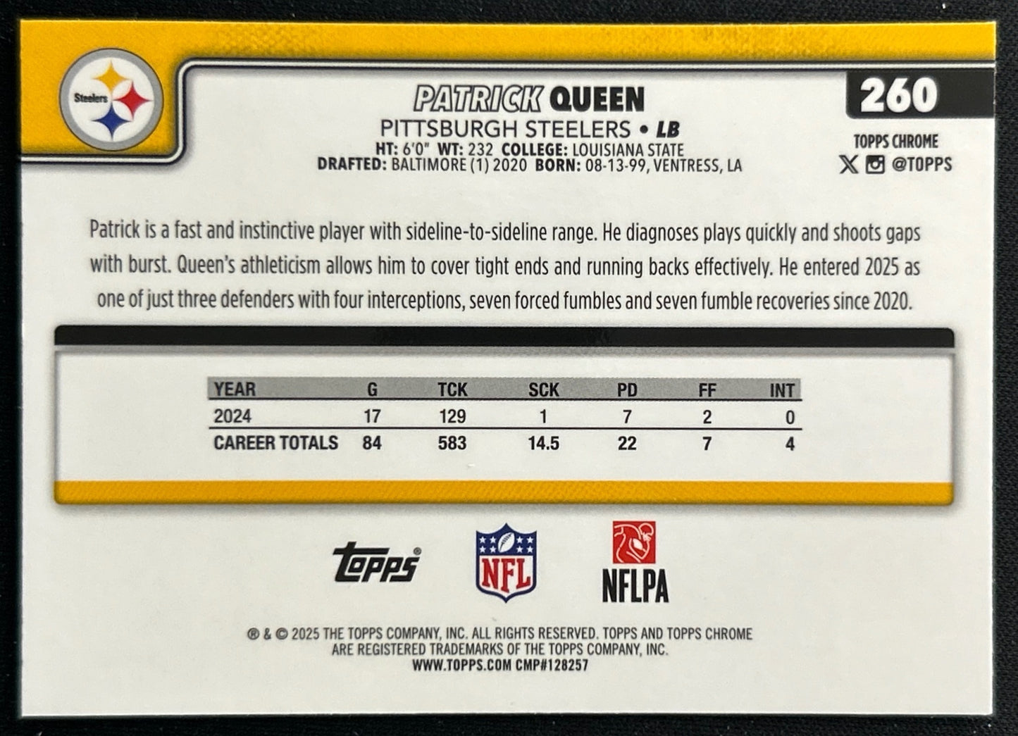 Patrick Queen 2025 Topps Chrome Steelers Sports Trading Cards