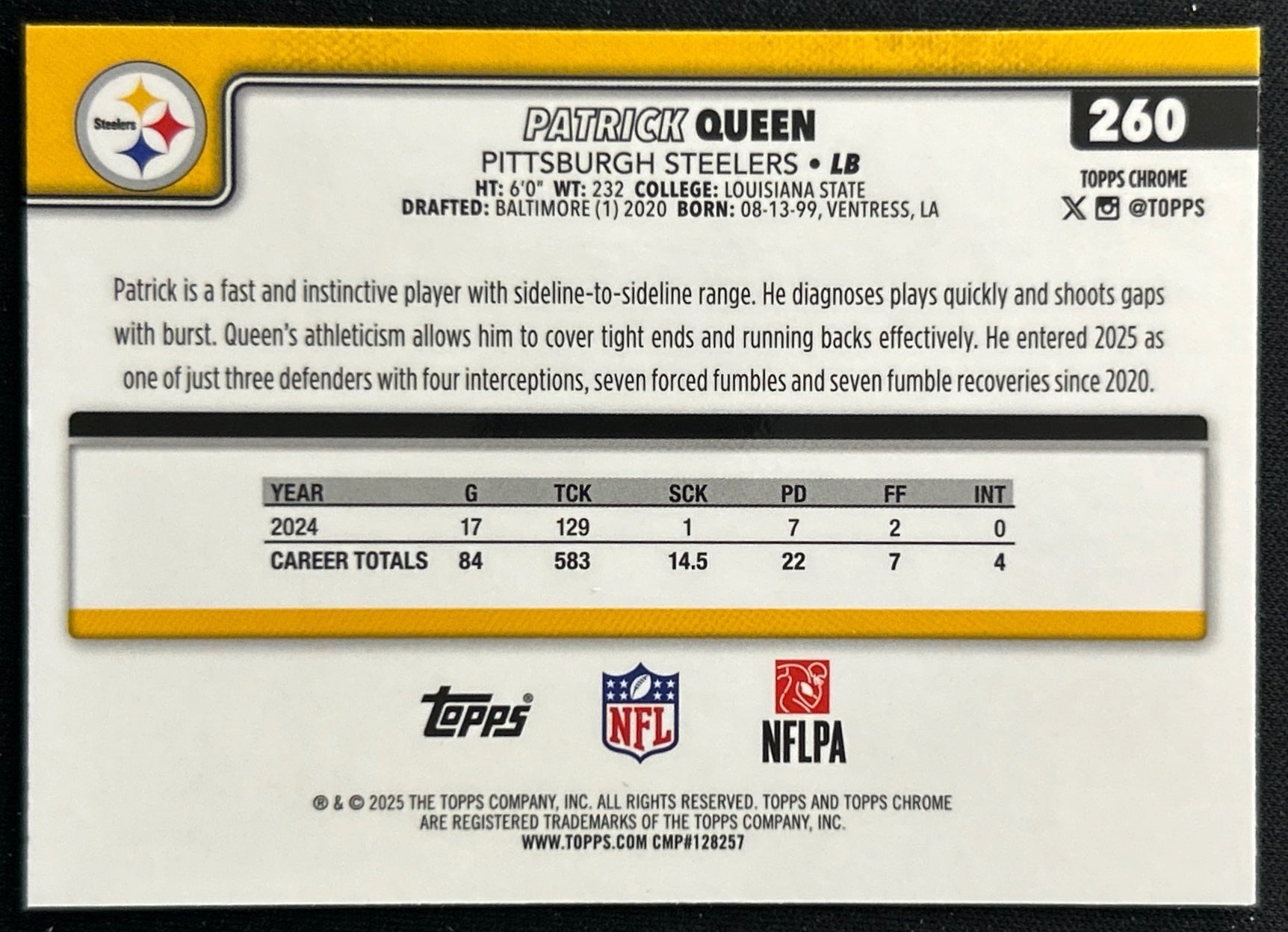Patrick Queen 2025 Topps Chrome Steelers Sports Trading Cards