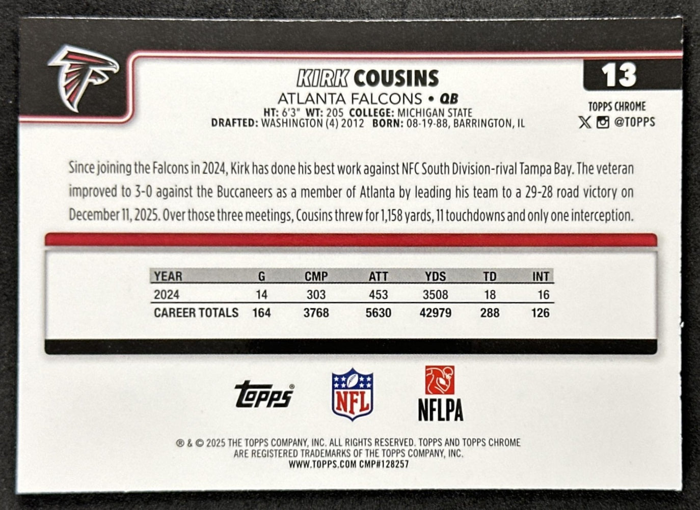 Kirk Cousins 2025 Topps Chrome Sapphire Falcons Raiders Sports Trading Cards