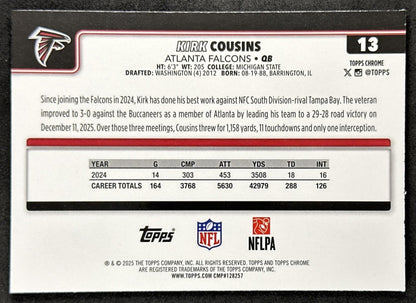 Kirk Cousins 2025 Topps Chrome Sapphire Falcons Raiders Sports Trading Cards