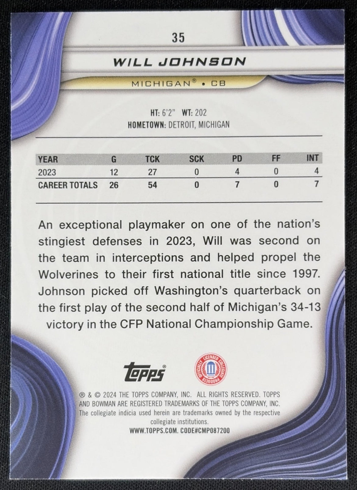 Will Johnson 2024 Bowman Best University Blue Refractor /149 Wolverines Sports Trading Cards