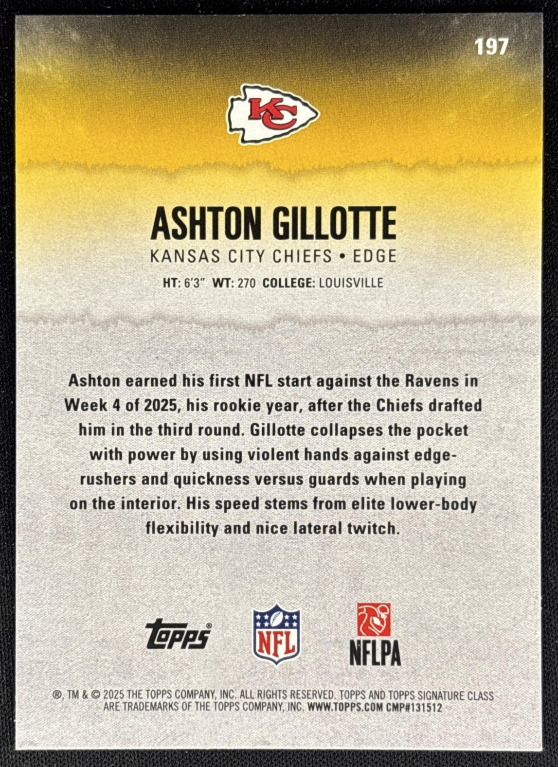 Ashton Gillotte 2025 Topps Signature Class Rookie Blue & Yellow Foil Chiefs - Back