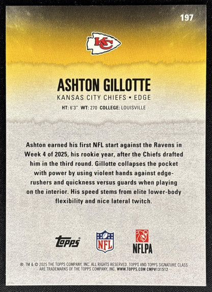 Ashton Gillotte 2025 Topps Signature Class Rookie Blue & Yellow Foil Chiefs - Back
