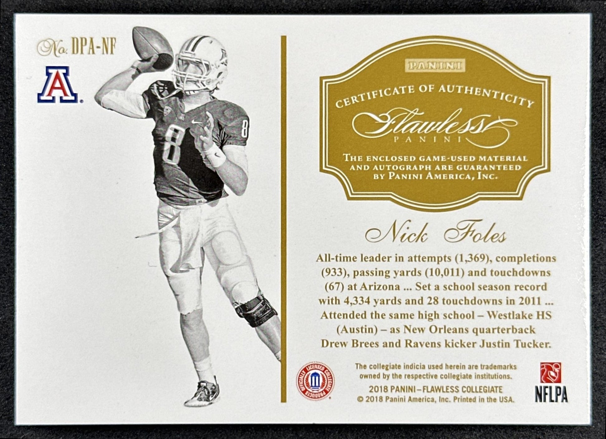 Nick Foles 2018 Panini Flawless Patch /15 Arizona Wildcats Eagles Colts