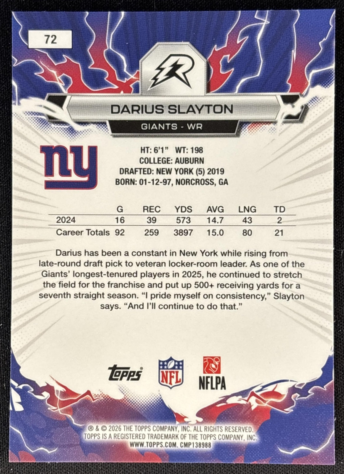 Darius Slayton 2025 Topps Resurgence Giants New York Giants back
