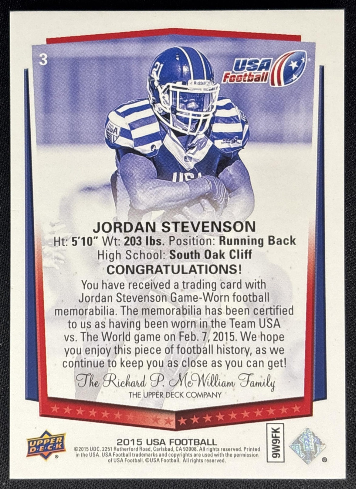 Jordan Stevenson 2015 Upper Deck USA Football Future Swatch Patch /99 Sports Trading Cards