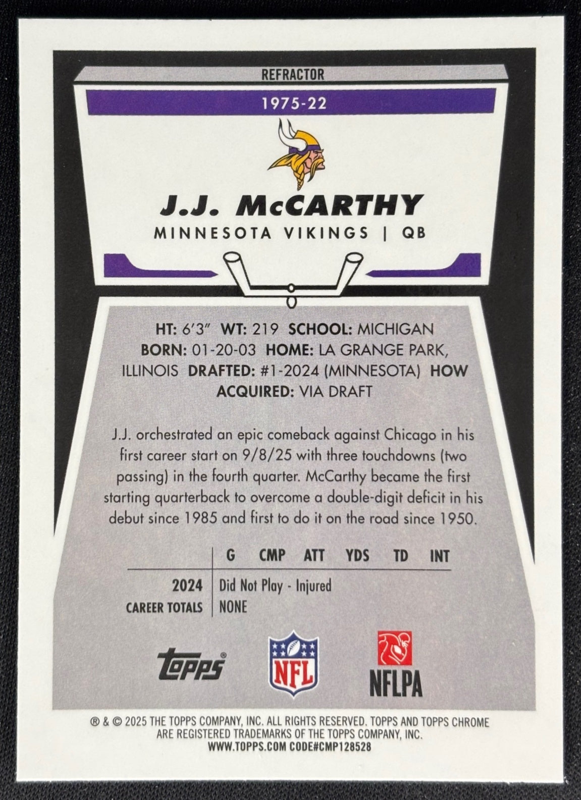 J.J. McCarthy 2025 Topps Chrome 1975 Refractor Vikings Football