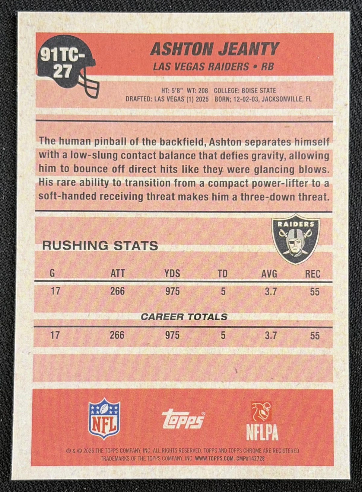 Ashton Jeanty 2026 Topps 1991 Chrome Mojo Refractor Raiders back