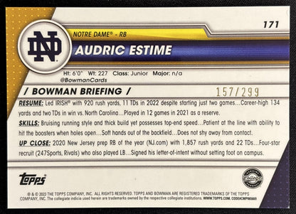 Audric Estime 2023 Bowman University Chrome Aqua Refractor /299 Fighting Irish back