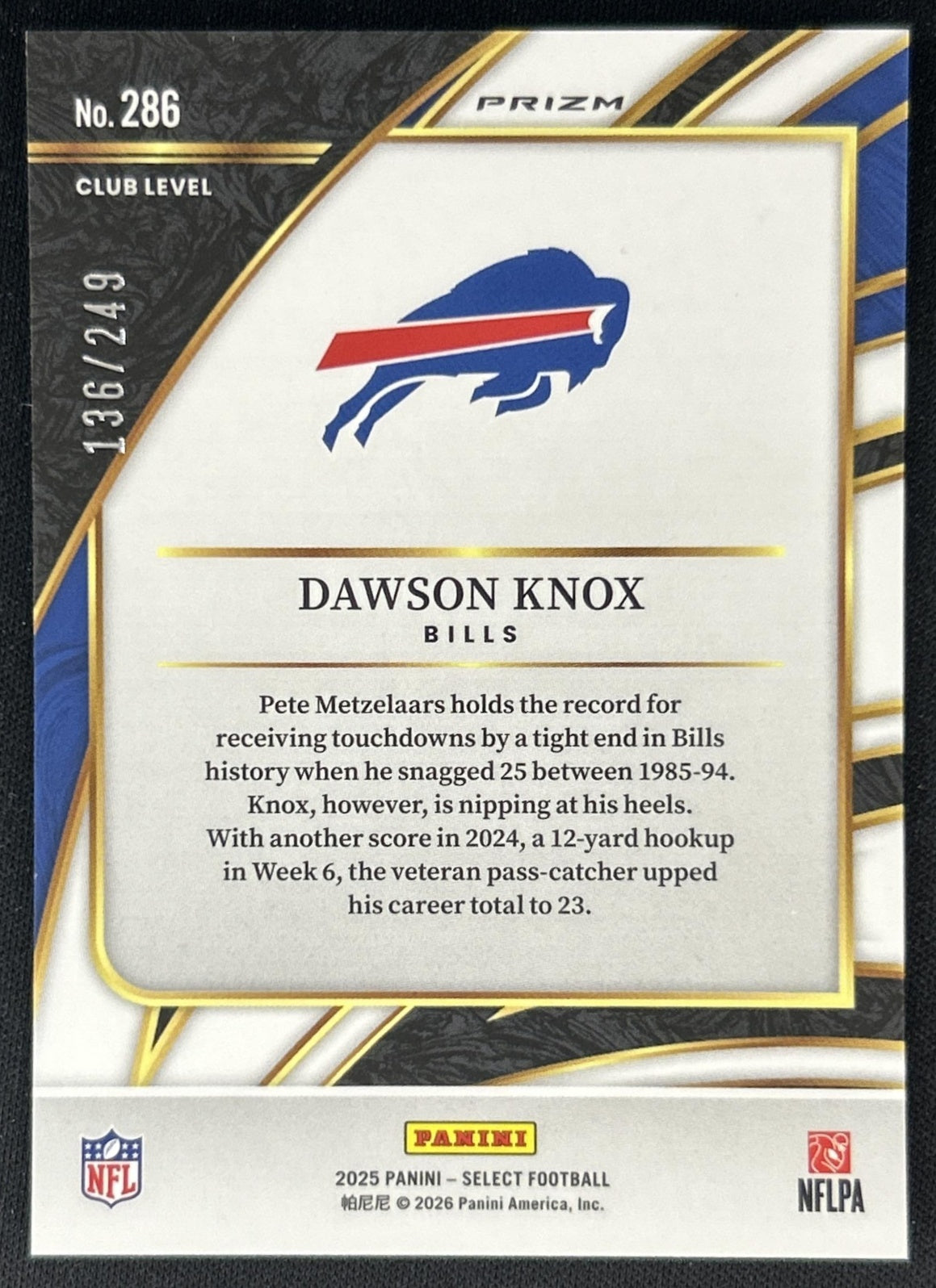 Dawson Knox 2025 Panini Select Club Level Tri-Color Prizm /249 Bills back