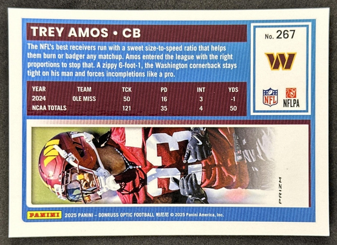 Trey Amos 2025 Panini Donruss Optic Rated Rookie Holo Prizm Commanders back