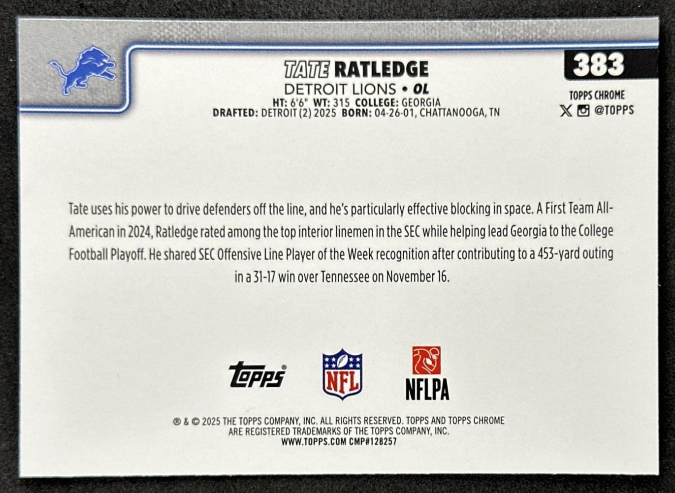 Tate Ratledge 2025 Topps Chrome Sapphire Lions Sports Trading Card