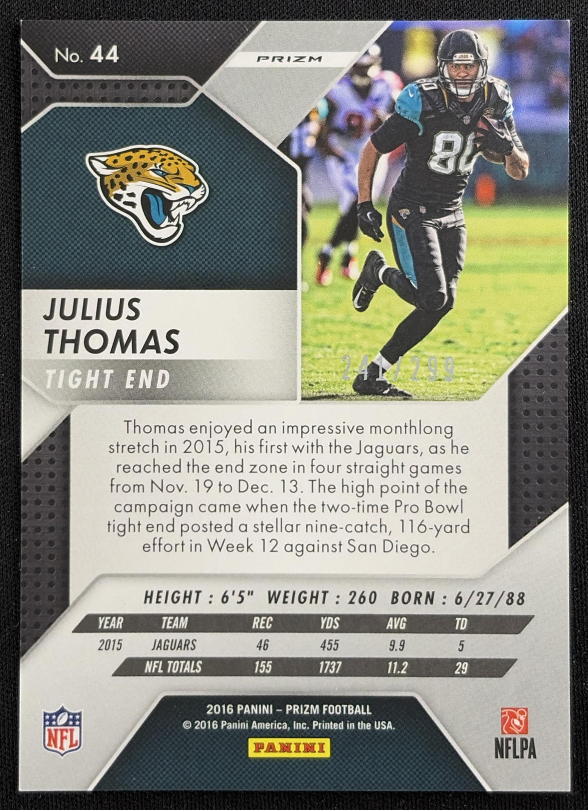 Julius Thomas 2016 Panini Prizm Orange /299 Jaguars Sports Trading Card
