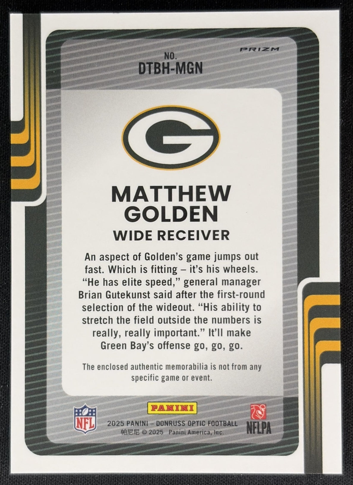 Matthew Golden 2025 Panini Donruss Optic Threads Neon Blue Prizm Packers Back
