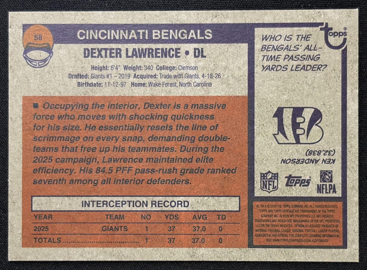 Dexter Lawrence 2026 Topps Heritage Dark Green Border Bengals