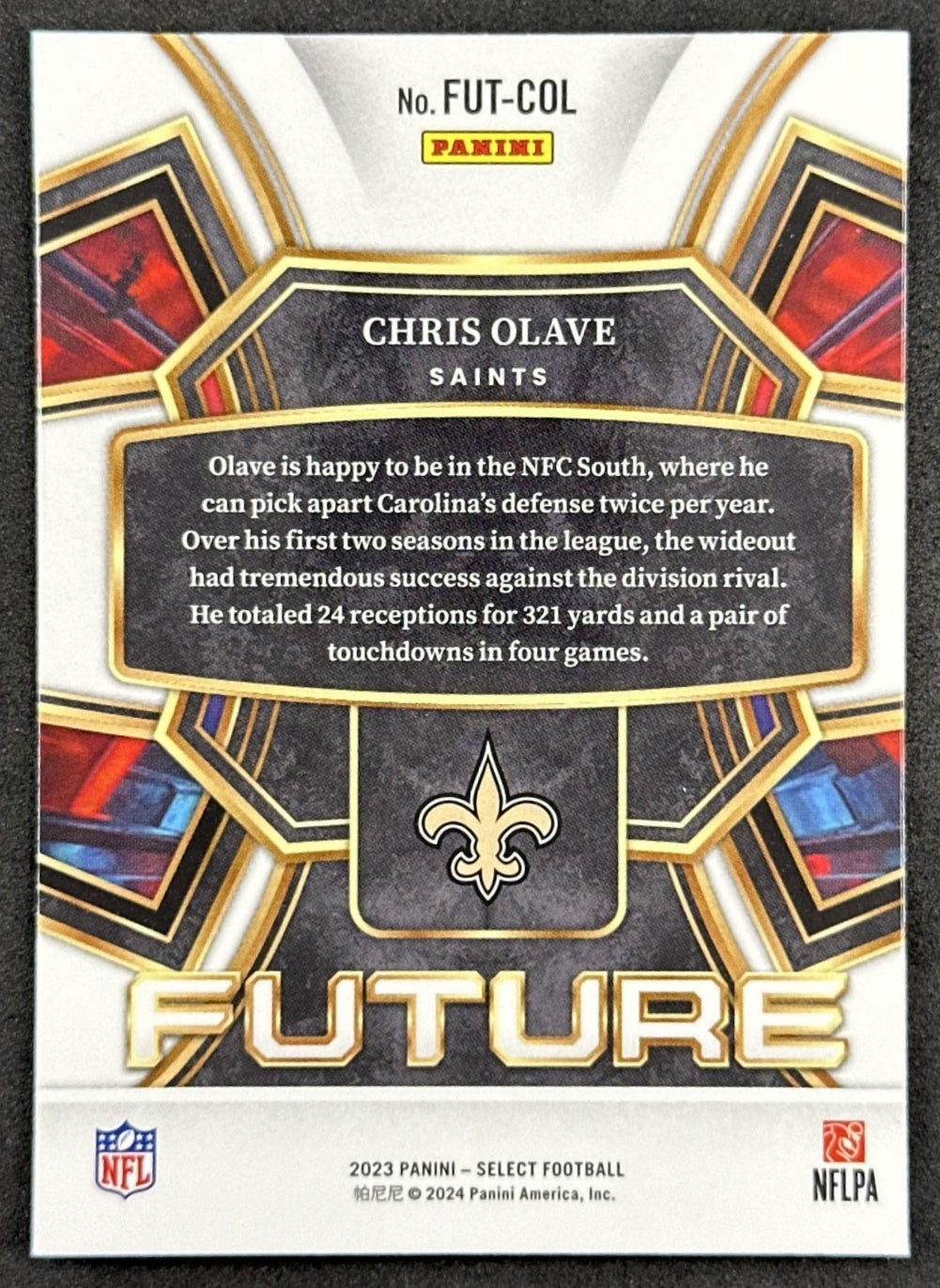 Chris Olave 2023 Panini Select Future Saints Back