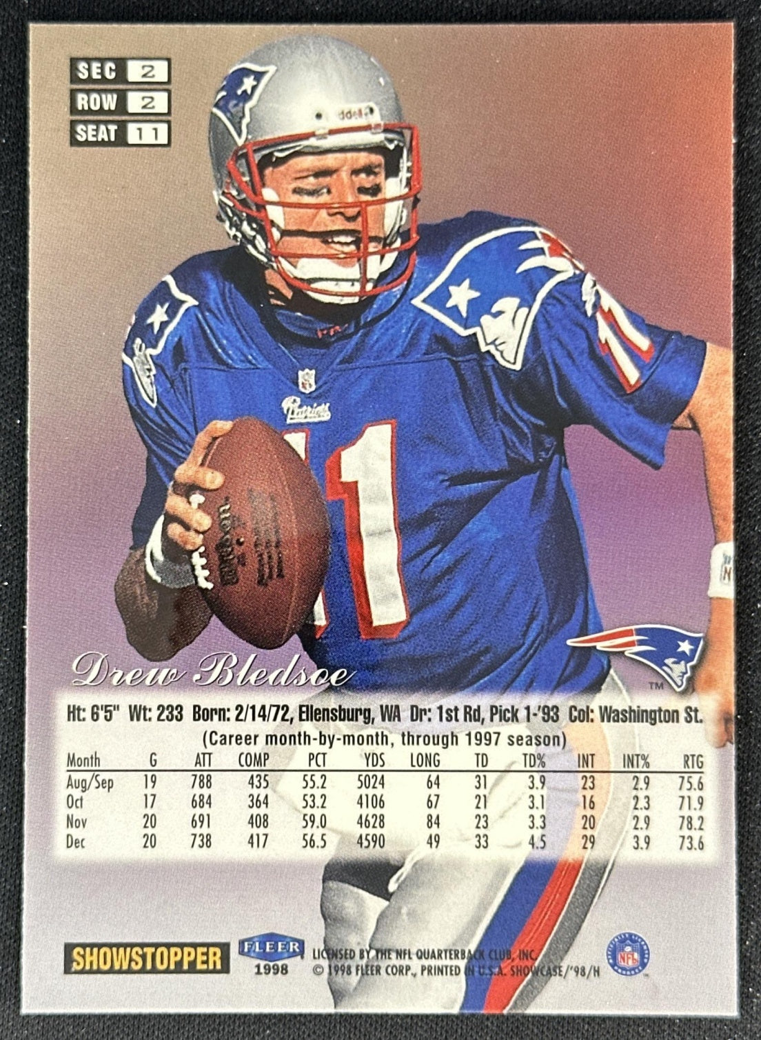 Drew Bledsoe 1998 Fleer Flair Showcase Row 2 Style Patriots back