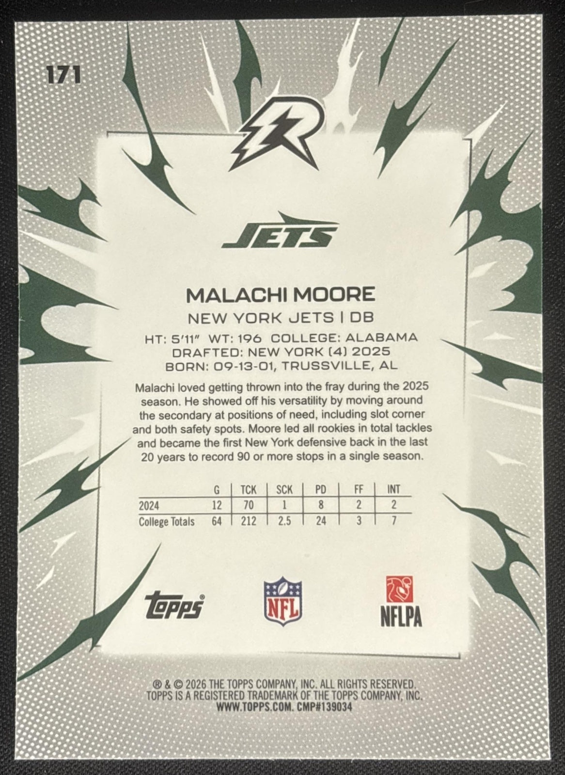 Malachi Moore 2025 Topps Resurgence Blue and Orange Spark Refractor Jets New York Jets Sports Trading Cards