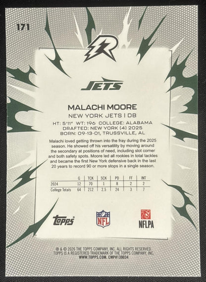 Malachi Moore 2025 Topps Resurgence Blue and Orange Spark Refractor Jets New York Jets Sports Trading Cards