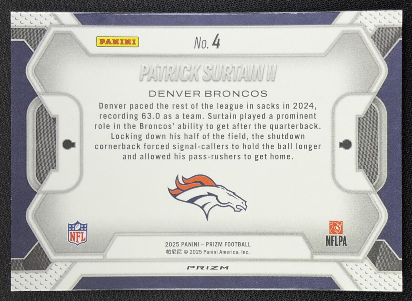 Patrick Surtain II 2025 Panini Prizm Lockdown No Huddle Broncos Denver Broncos