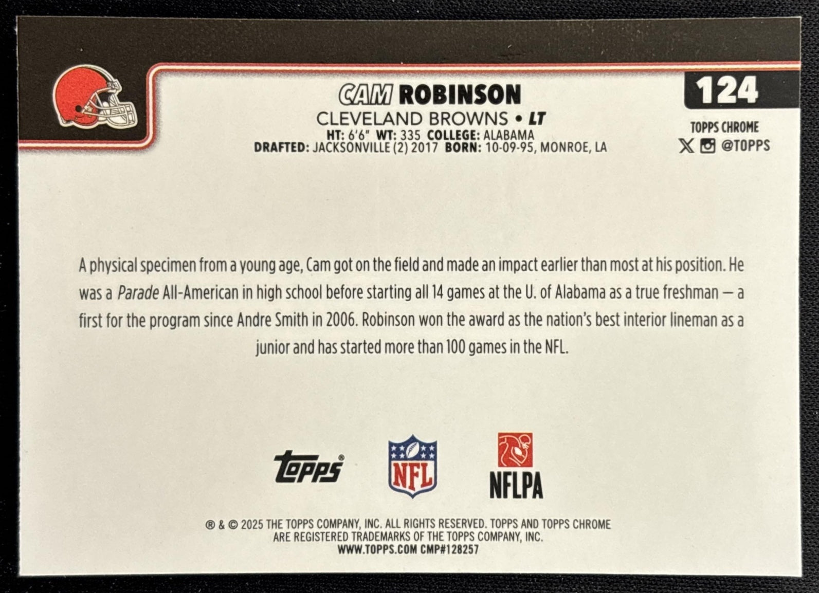 Cam Robinson 2025 Topps Chrome Red/White/Blue Refractor Browns - Back