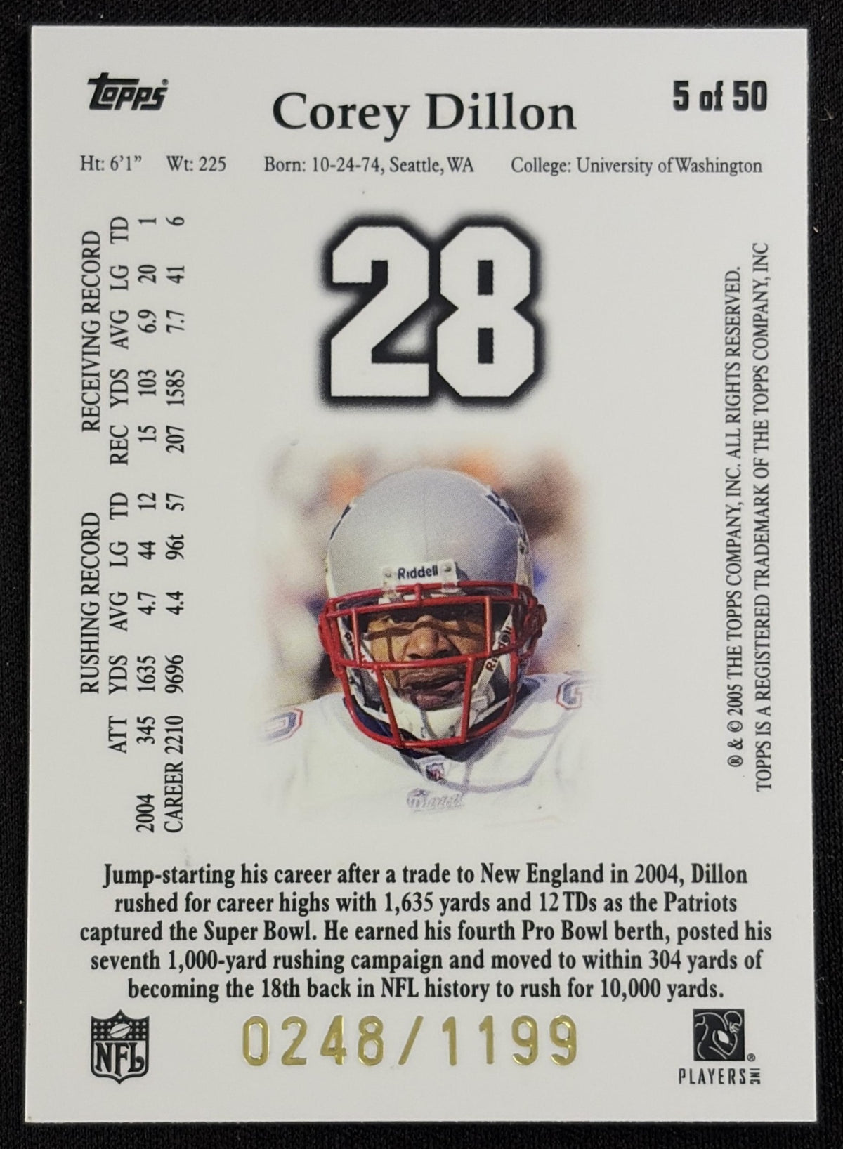 Corey Dillon 2005 Topps Tribute /1199 Patriots - Back