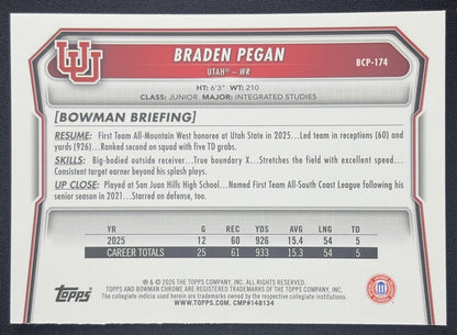 Braden Pegan 2026 Bowman Chrome Prospects Speckle Refractor Utes