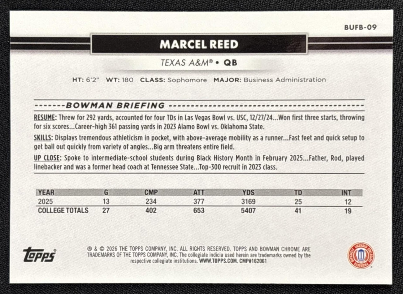 Marcel Reed 2026 Topps NSCC Collection Bowman U Chrome Sports Trading Cards