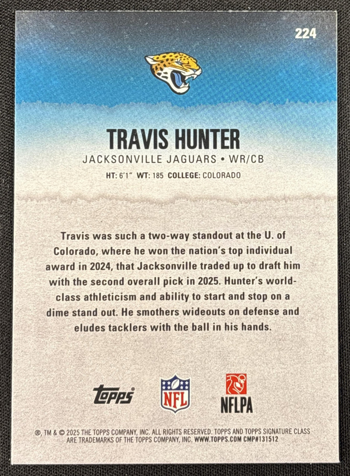 Travis Hunter 2025 Topps Signature Class Rookie Blue & Yellow Foil Jaguars
