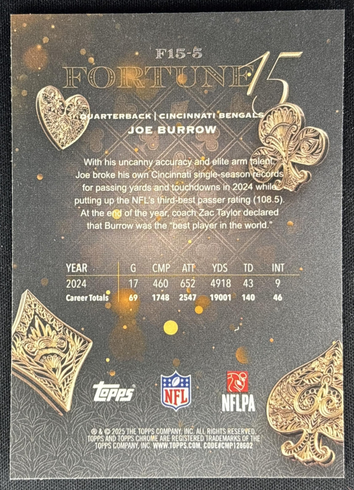 Joe Burrow 2025 Topps Chrome Fortune 15 Bengals Sports Trading Cards