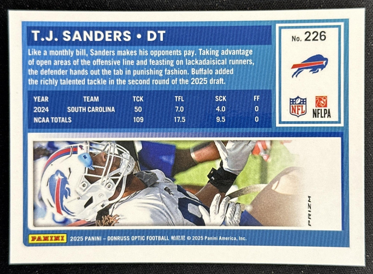 T.J. Sanders 2025 Panini Donruss Optic Rated Rookie Blue Hyper Prizm Bills back