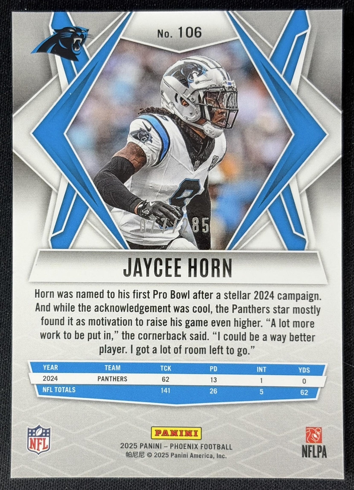Jaycee Horn 2025 Panini Phoenix Lime Green Pyramids Prizm /285 Panthers back