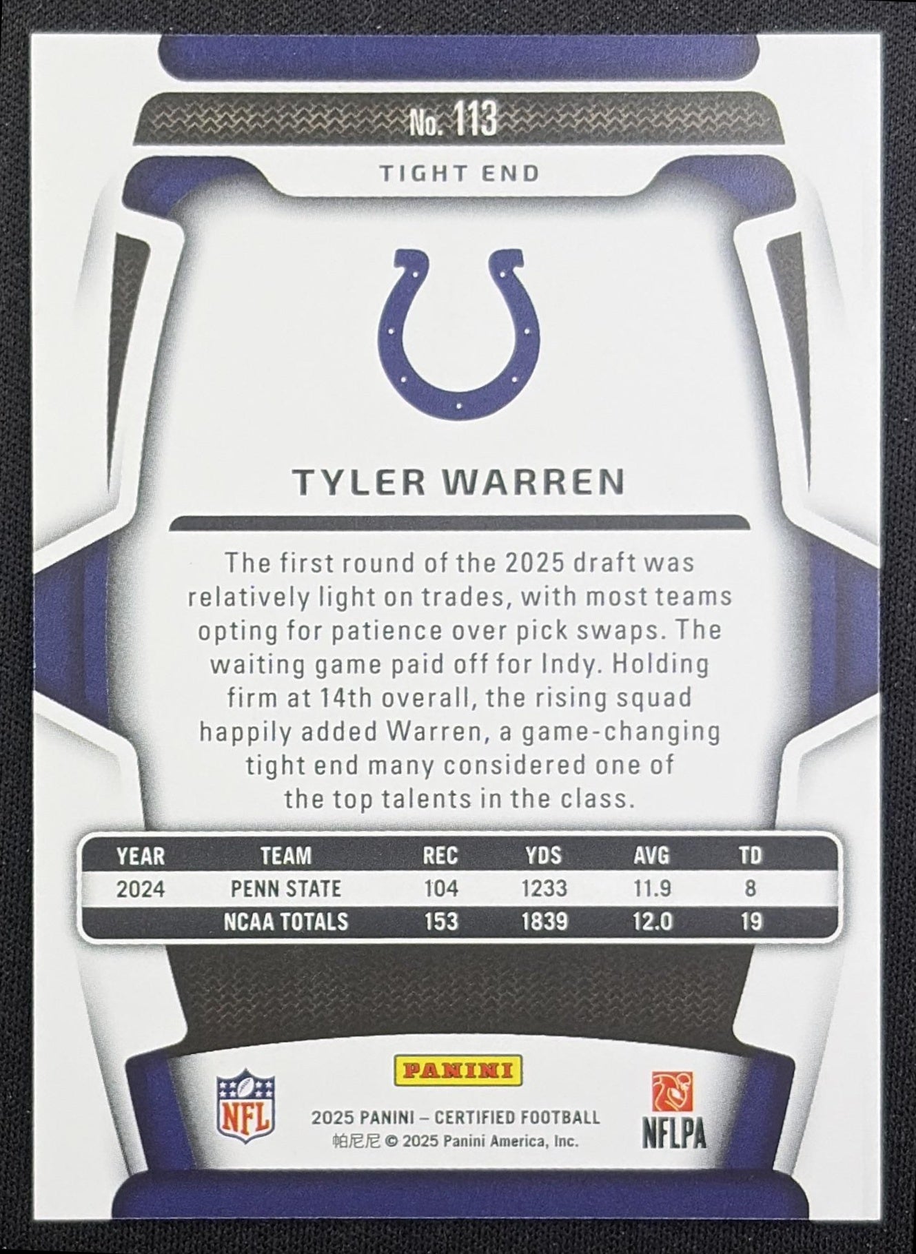 Tyler Warren 2025 Panini Certified Rookies Mirror Orange /150 Colts Indianapolis Colts back