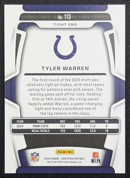 Tyler Warren 2025 Panini Certified Rookies Mirror Orange /150 Colts Indianapolis Colts back